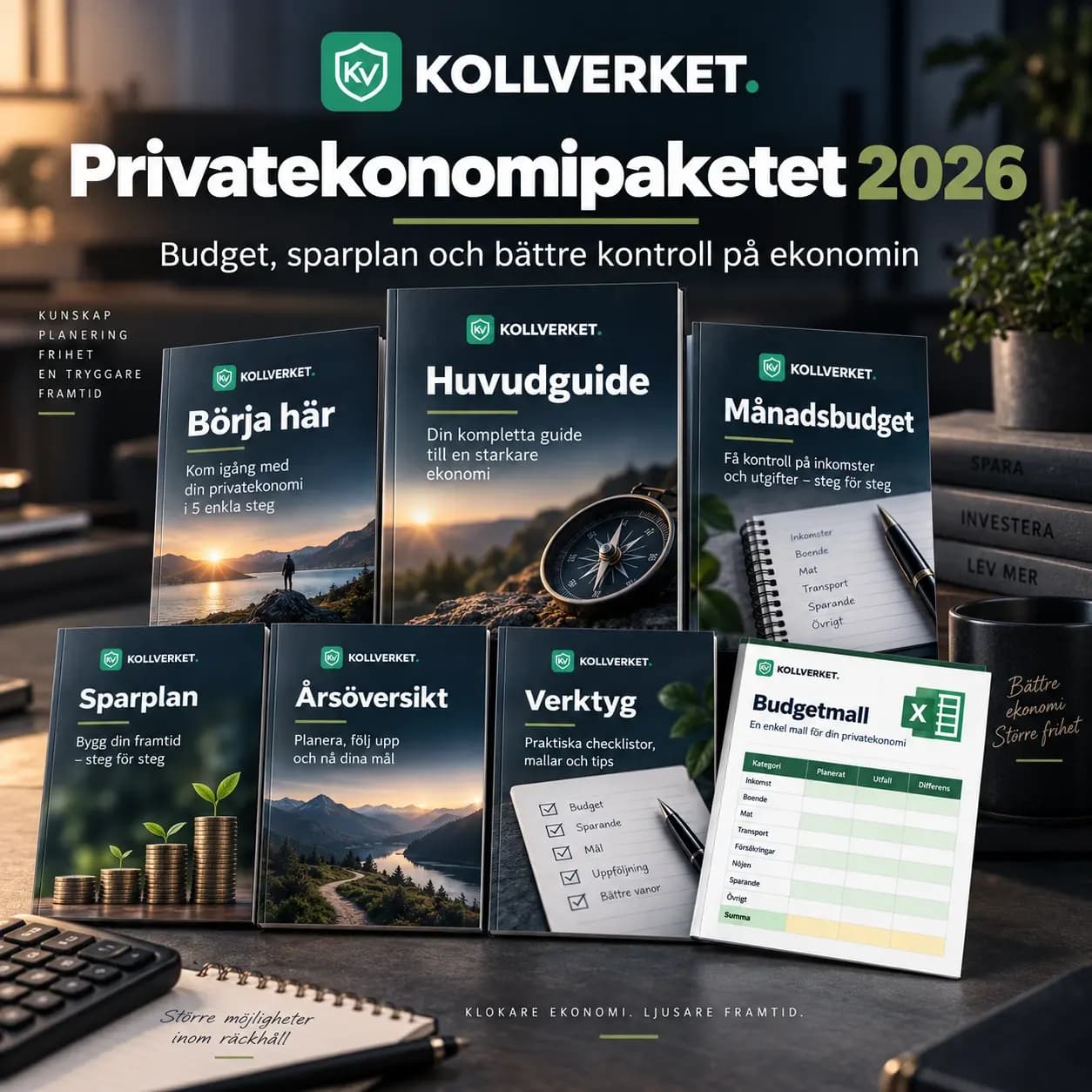 Privatekonomipaketet 2026 från Kollverket med budget, sparplan, årsöversikt och ekonomiska kalkylverktyg